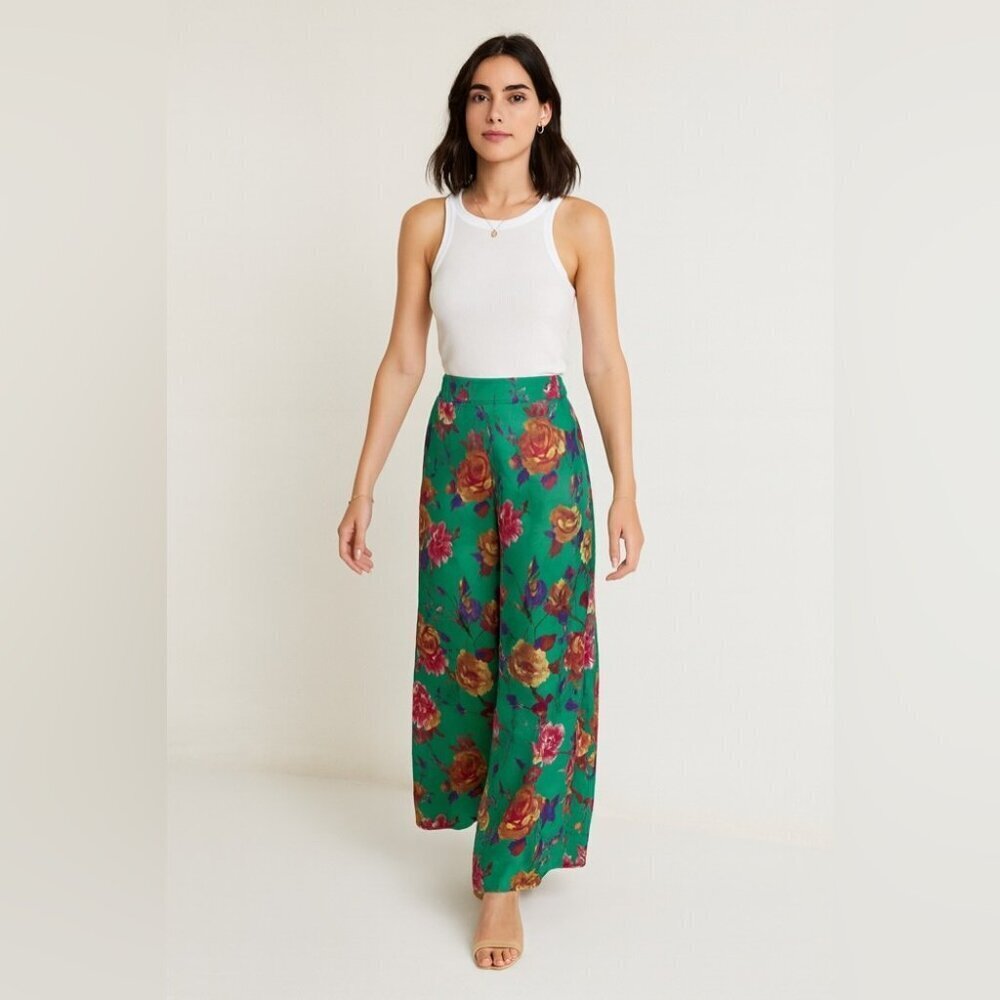 Zino Jordan Floral Satin Robe Wide-Leg Pants Green Multicolor Size 48 Resort